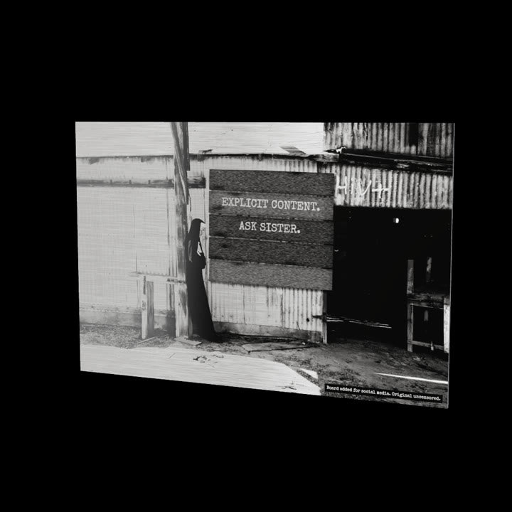 Annulments at full length as a glossy aluminum print floating off a black wall, with the board added for the website; the print ships uncensored
