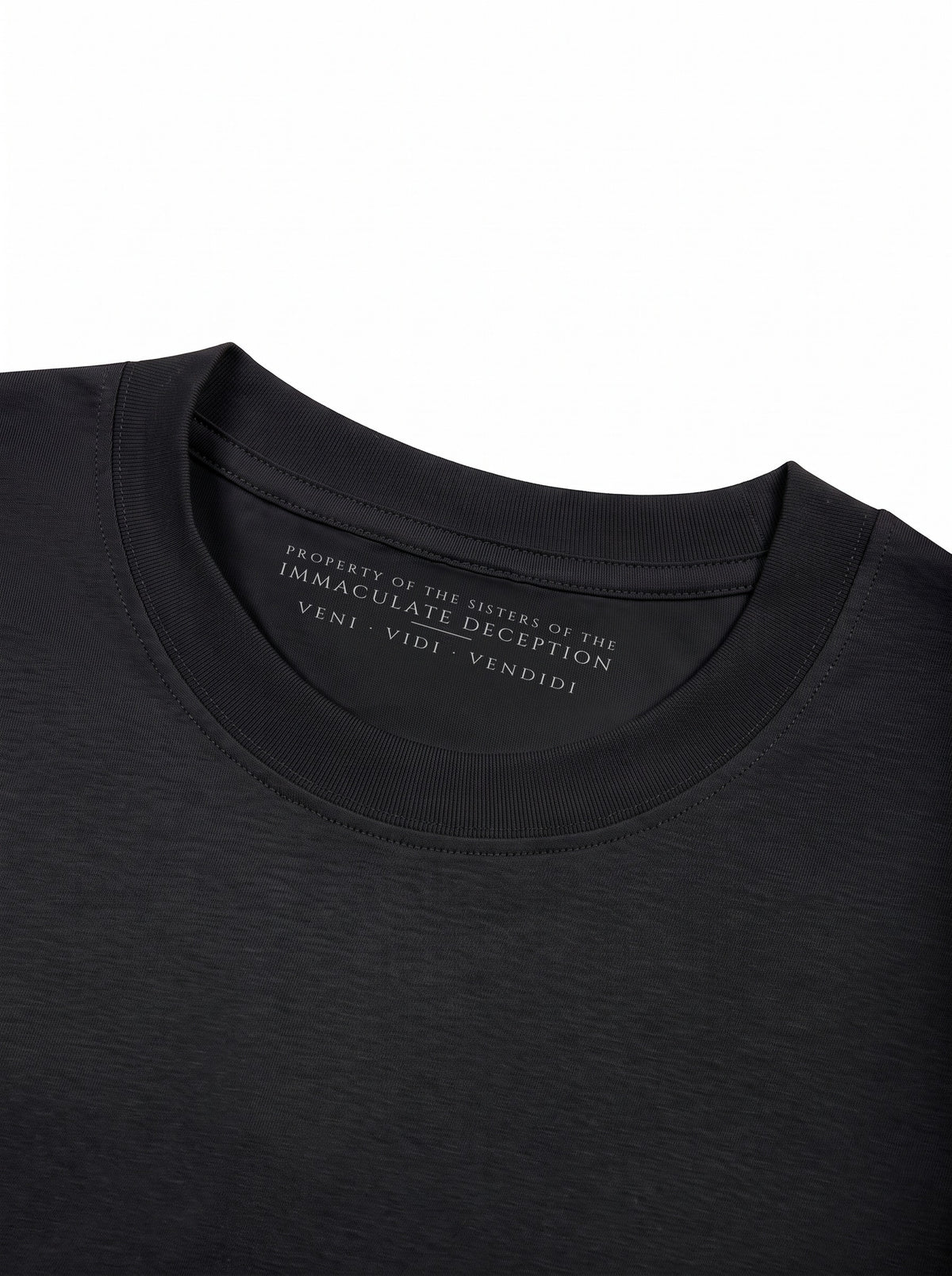 Worn by a man: His Tee, inside the collar: PROPERTY OF THE SISTERS OF THE IMMACULATE DECEPTION, VENI VIDI VENDIDI