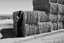 Sister Antonia hiding behind hay bales holding something to her chest, black and white photograph, Salton Sea, 1 May 2016