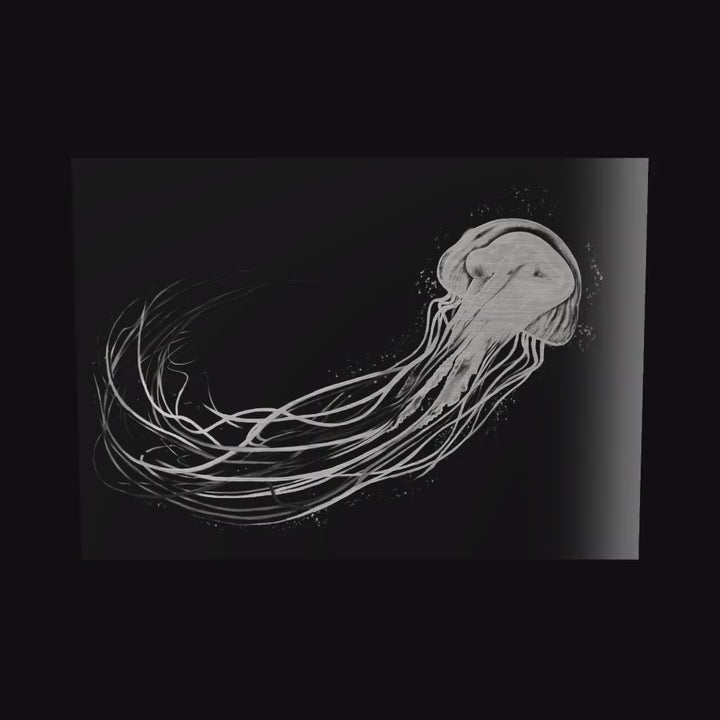 The Jellyfish Lady as a glossy aluminum print floating off a black wall, turning so the light moves across the metal