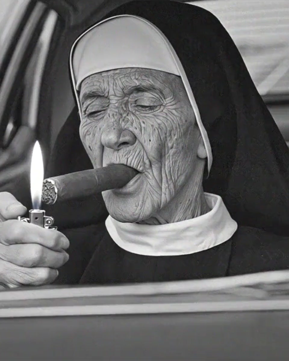 Sister Antonia lighting a cigar in her car